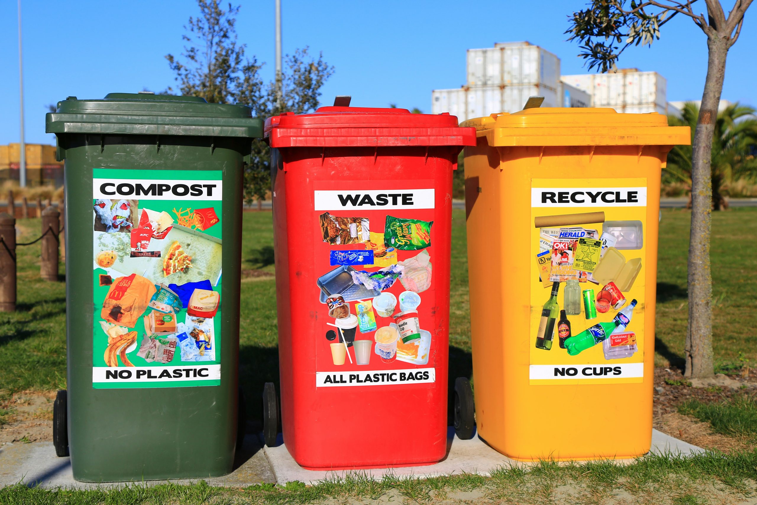 3 colored garbage bins for waste diversion